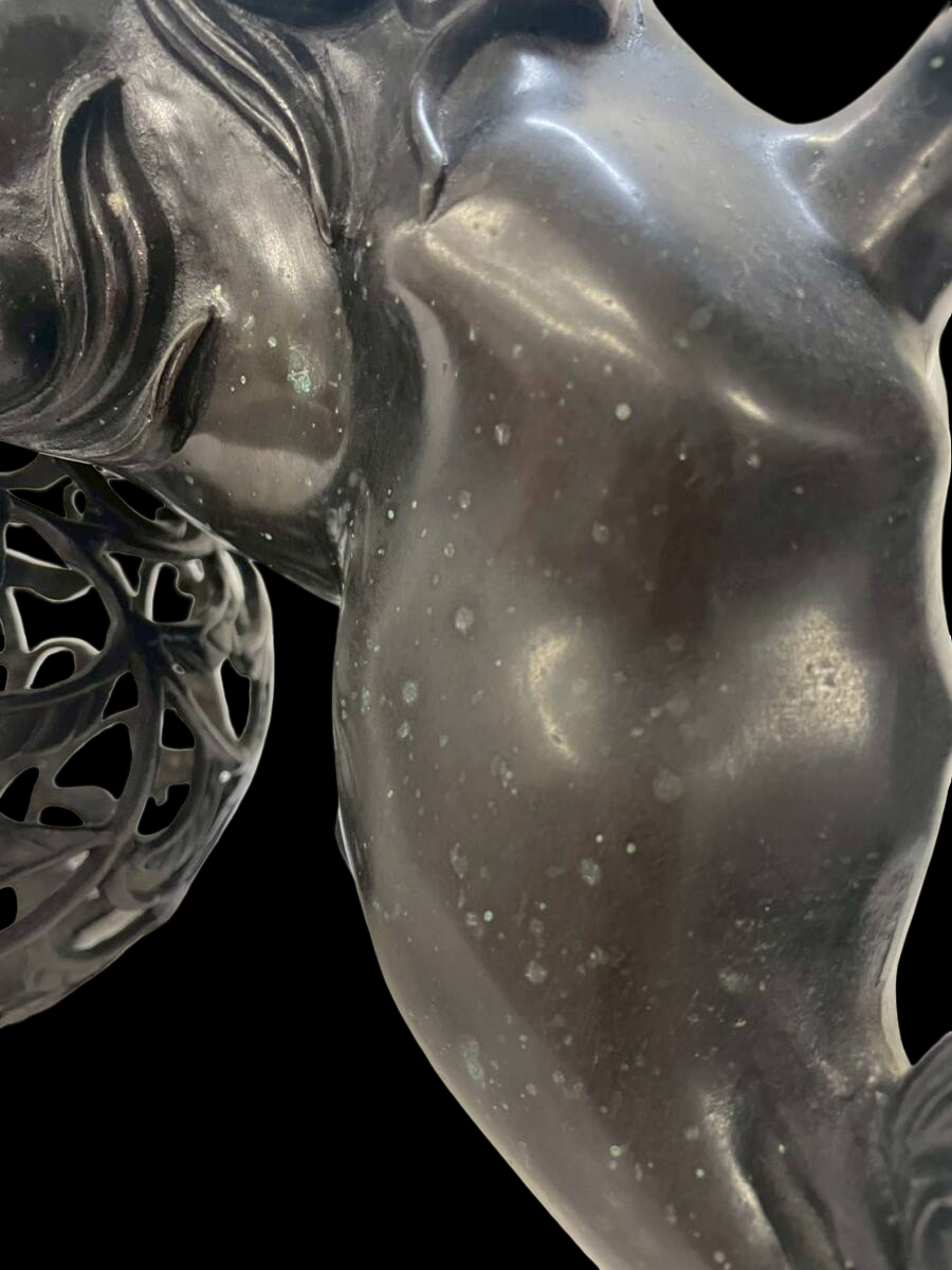 Vintage Japanese Guardian Shishi Foo Fu Dog / Lion Metal Okimono with Jewel Ball