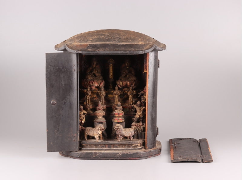 Edo-Period Multi-Figure Buddhist Zushi Shrine (Carved Wood) — Portable Devotional Altar Assembly