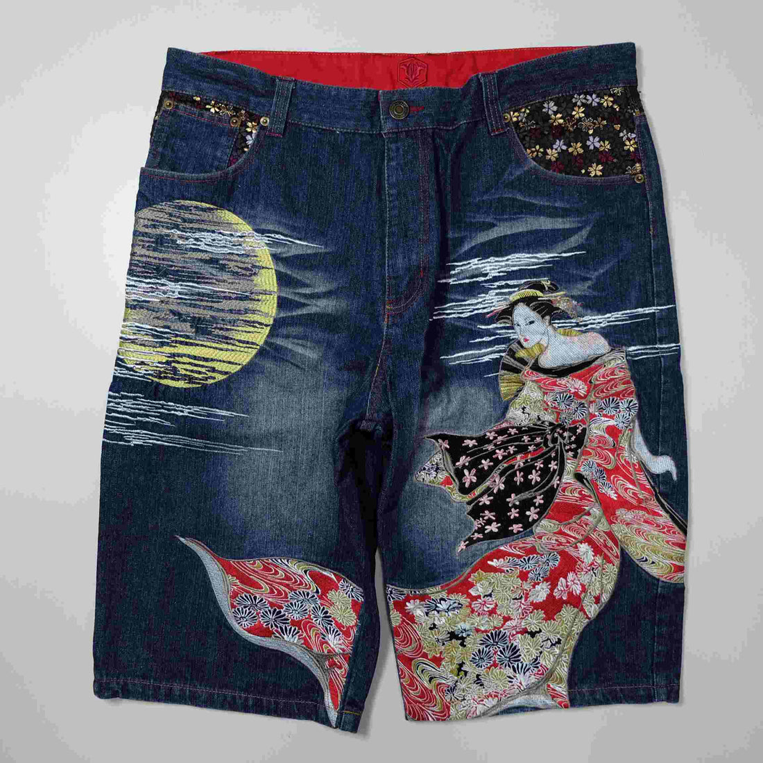 WEARING JAPAN’S POETIC SOUL: Kacchō Fūgetsu Embroidered Geisha Moon Denim Shorts