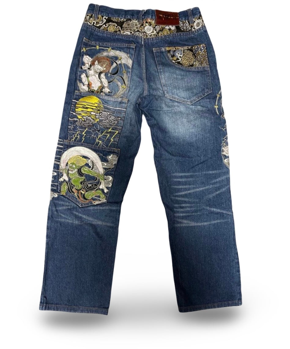 THE GODS OF WIND AND THUNDER: Kacchō Fūgetsu’s Storm-Born Embroidered Denim