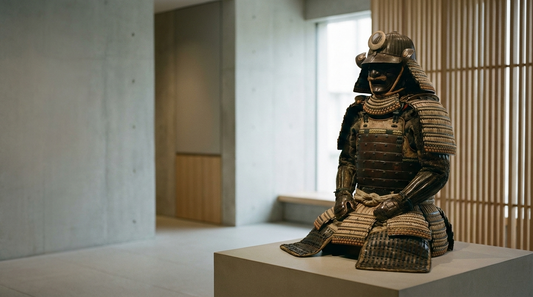 Japanese samurai armor displayed in a refined interior, expressing discipline, restraint, and the enduring philosophy of Bushidō.
