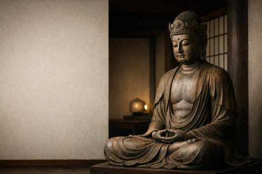 Japanese Buddhist statue photographed in a quiet, refined interior, embodying calm, restraint, and contemplative Japanese spiritual aesthetics.