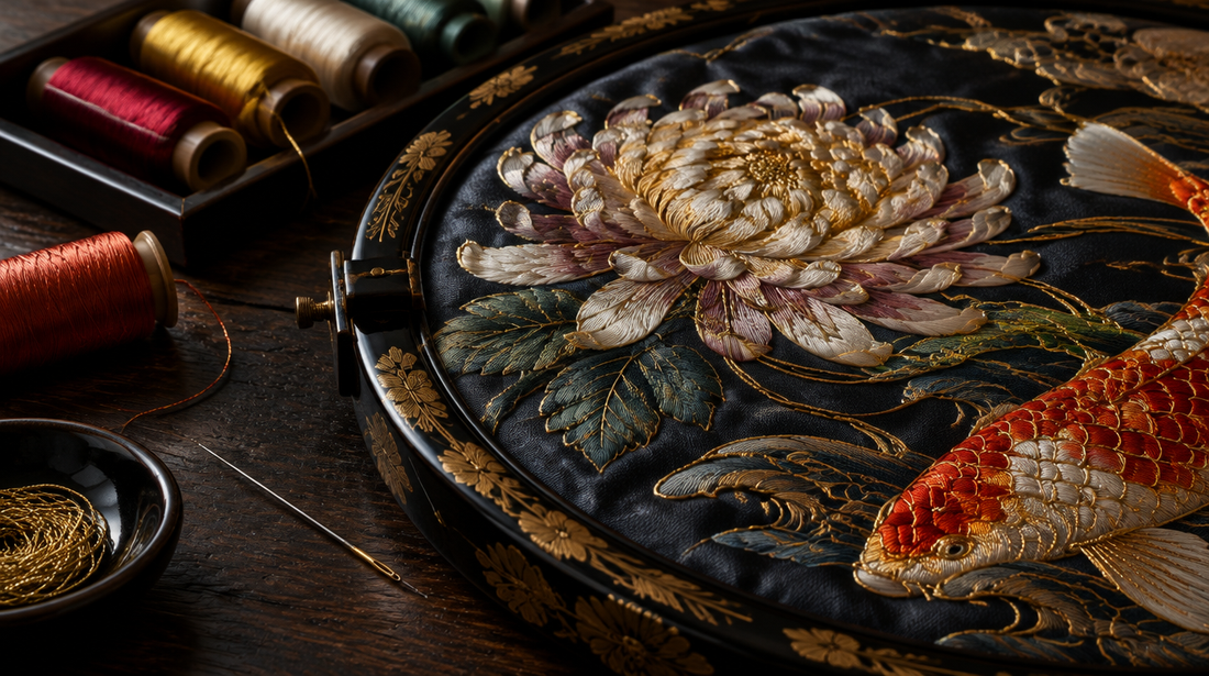 Silk embroidery of a chrysanthemum and koi in shaded thread and gold couching on dark satin, with spools of silk