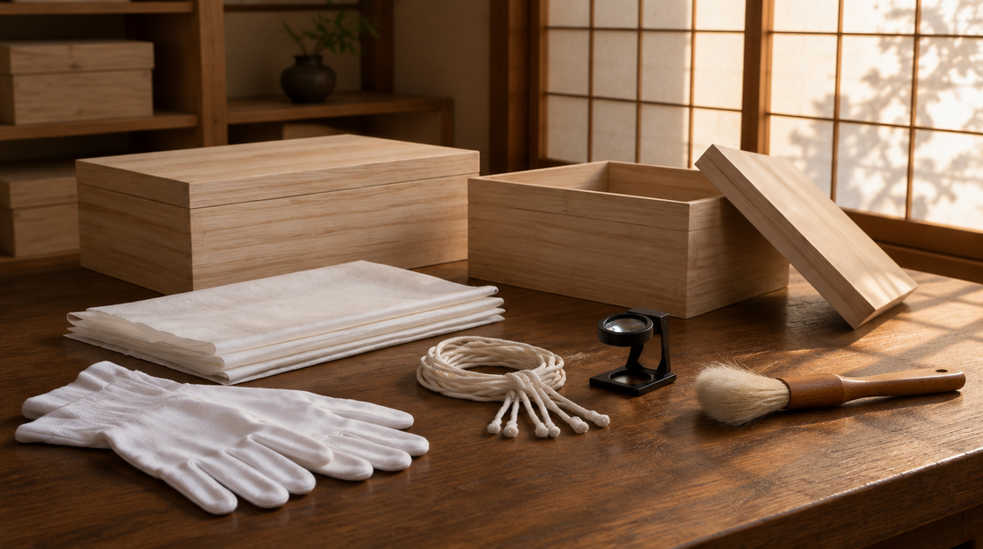 Paulownia storage boxes, cotton gloves, tissue, cord, loupe and brush on an archivist's table by a paper screen