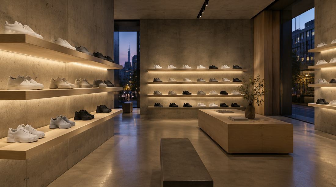 Minimal Tokyo sneaker boutique with sneakers on lit wooden shelves against concrete walls at dusk