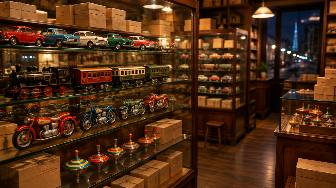 Tokyo collectors' shop at night with tin plate cars, trains, motorcycles and spinning tops in glass cabinets