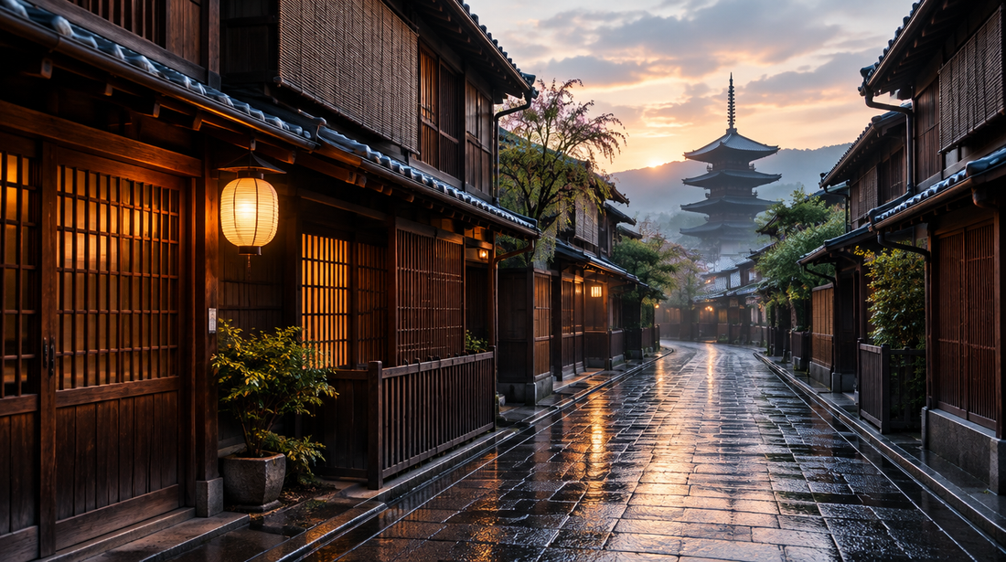 Quiet Kyoto lane of wooden machiya after rain at dawn, a lantern glowing and a pagoda beyond