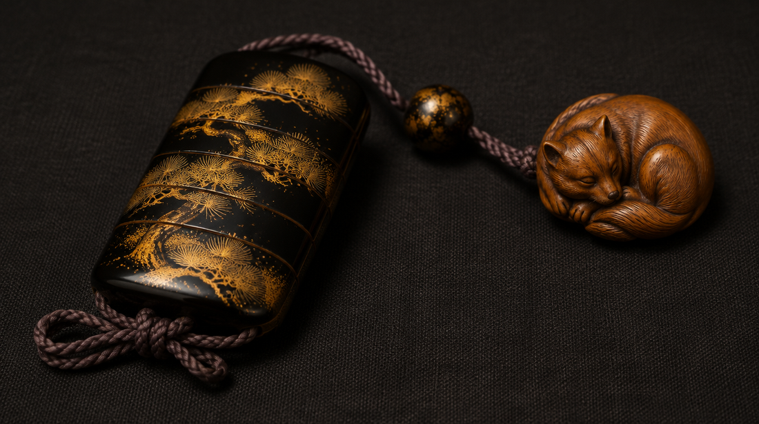 A gold maki-e lacquer inro with ojime bead and carved netsuke