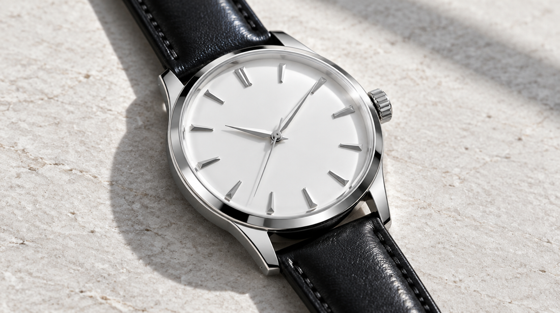 A polished steel dress watch with a white dial on pale stone