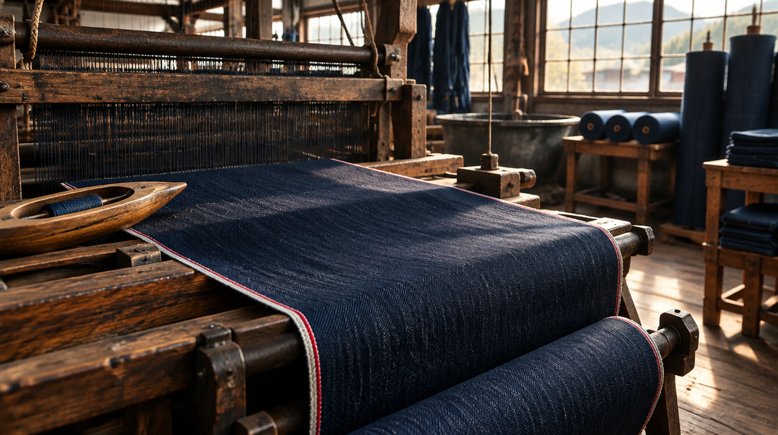 Indigo selvedge denim on an old wooden shuttle loom