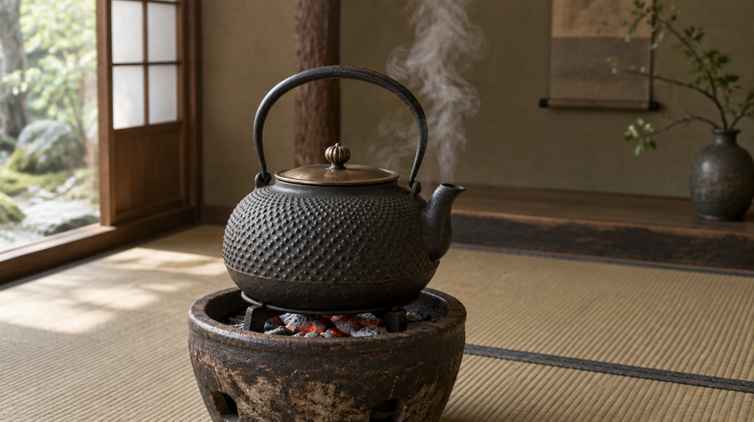 A cast-iron tetsubin steaming over a brazier in a tatami room