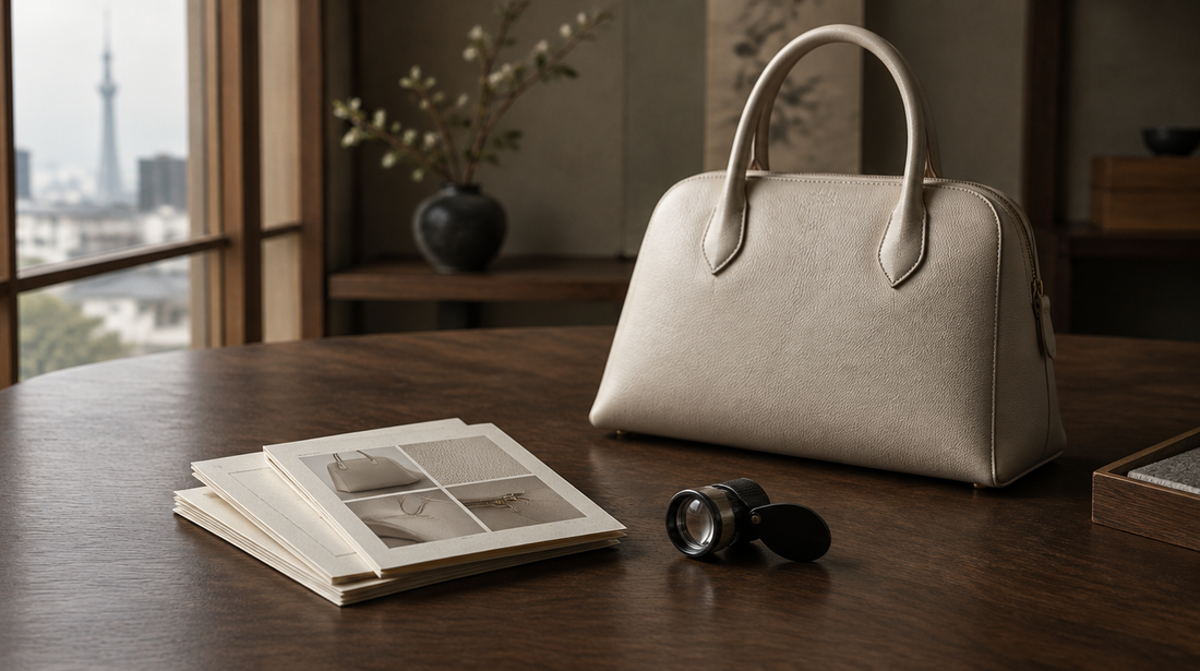 Condition report cards and a loupe beside a pale leather handbag