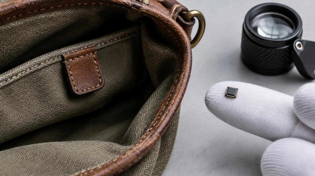 A leather tab inside a vintage canvas bag beside a microchip on a gloved fingertip