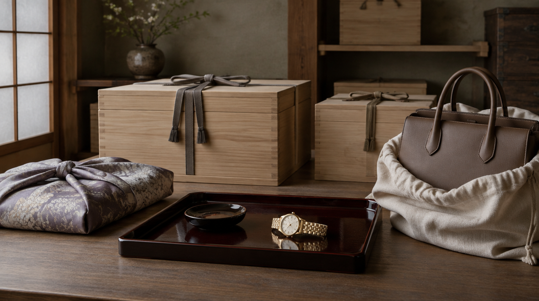 Wooden storage boxes, a furoshiki, a handbag in its dust bag and a gold watch on a lacquer tray