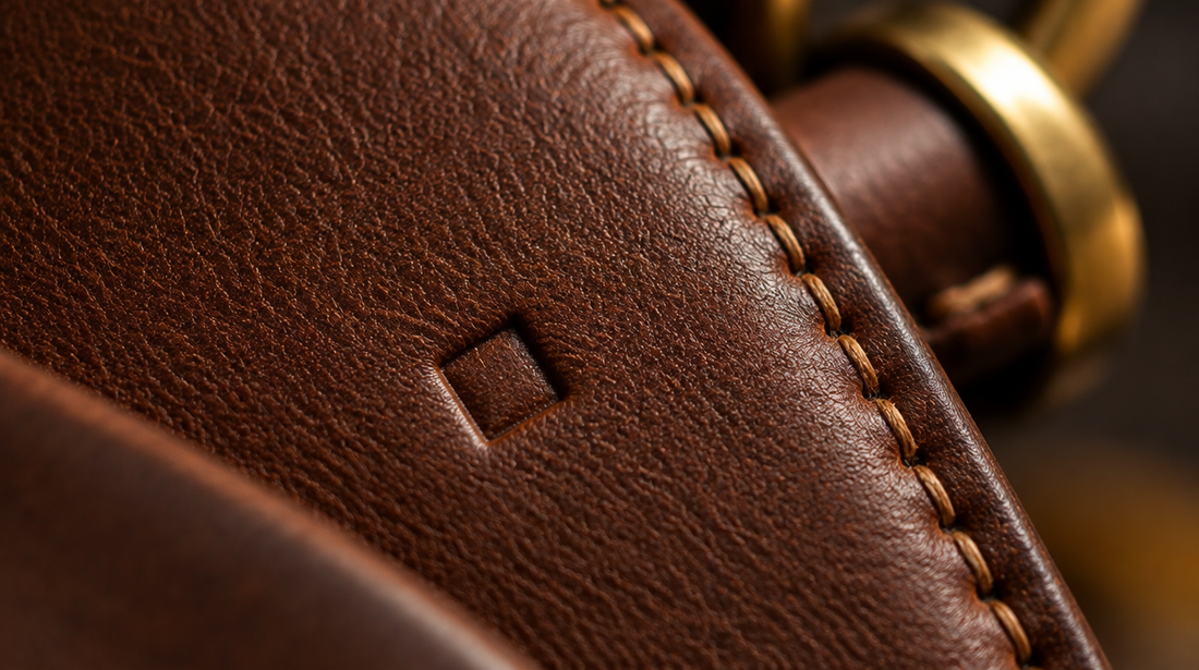 A small blind-embossed mark on hand-stitched leather