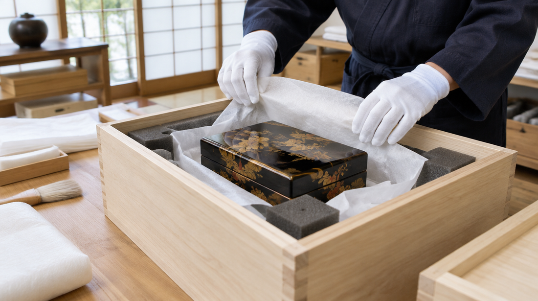 Gloved hands packing a lacquer box in tissue inside a fitted wooden crate