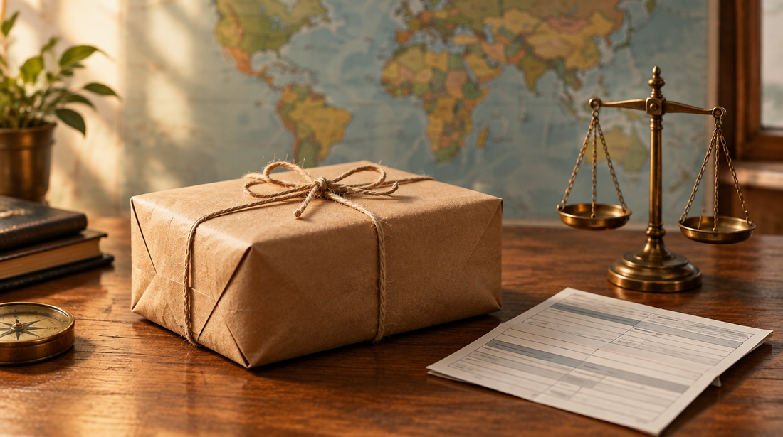 A parcel in kraft paper beside a brass scale and a customs form
