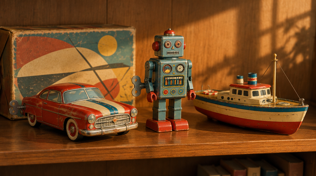 Vintage tin plate car, wind-up robot and boat on a wooden shelf