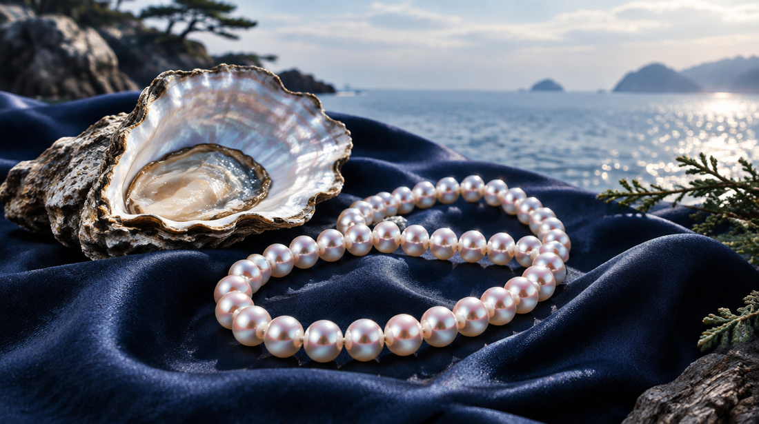 A strand of akoya pearls on blue silk beside an oyster shell by the sea