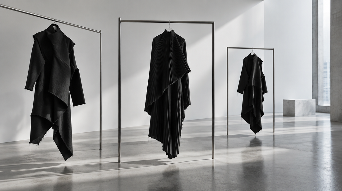 Sculptural black garments with raw edges and pleats on steel rails in a white gallery