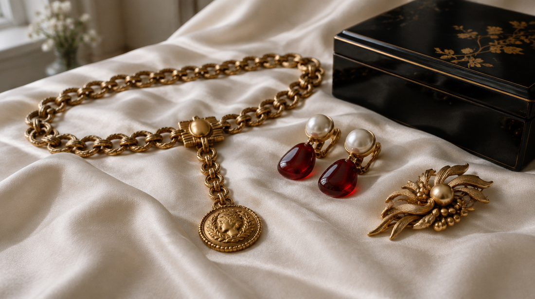 Vintage gold-tone chain belt, pearl and red glass clip earrings and a gilt brooch on cream silk
