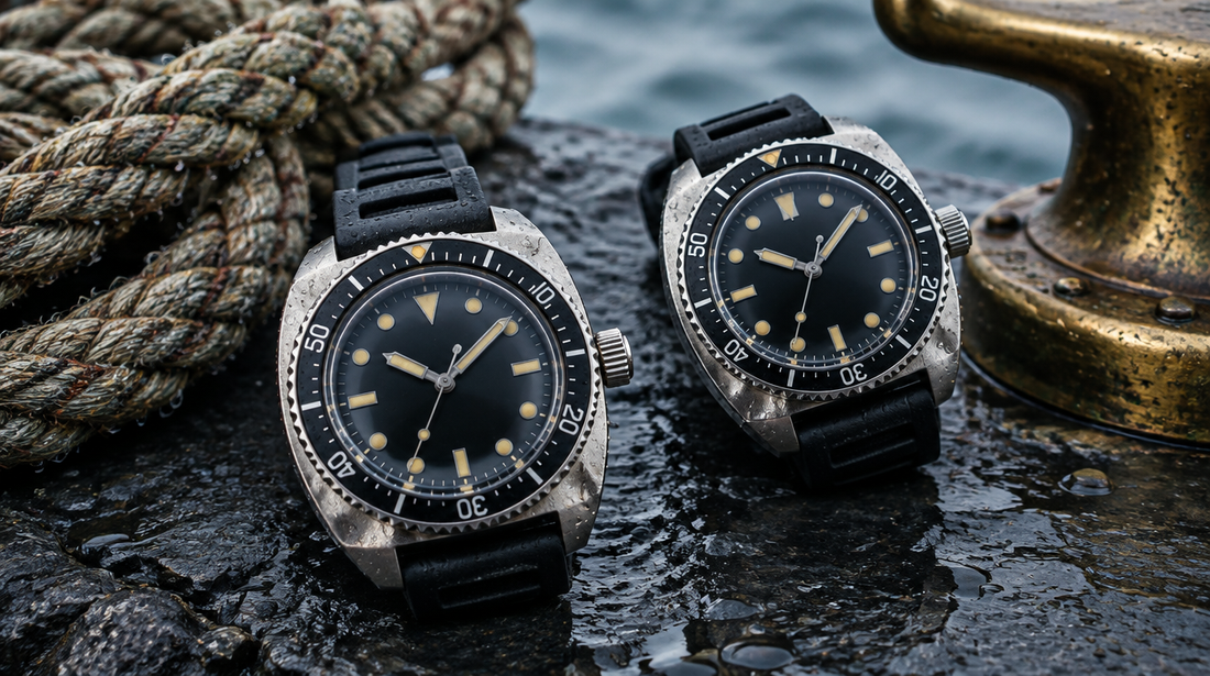 Two vintage cushion-case dive watches on wet slate beside a coil of rope