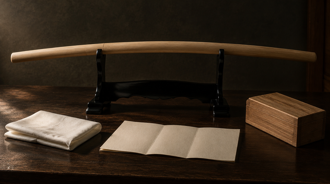 Antique Japanese sword in a plain wooden scabbard on a black lacquer stand beside a folded paper document