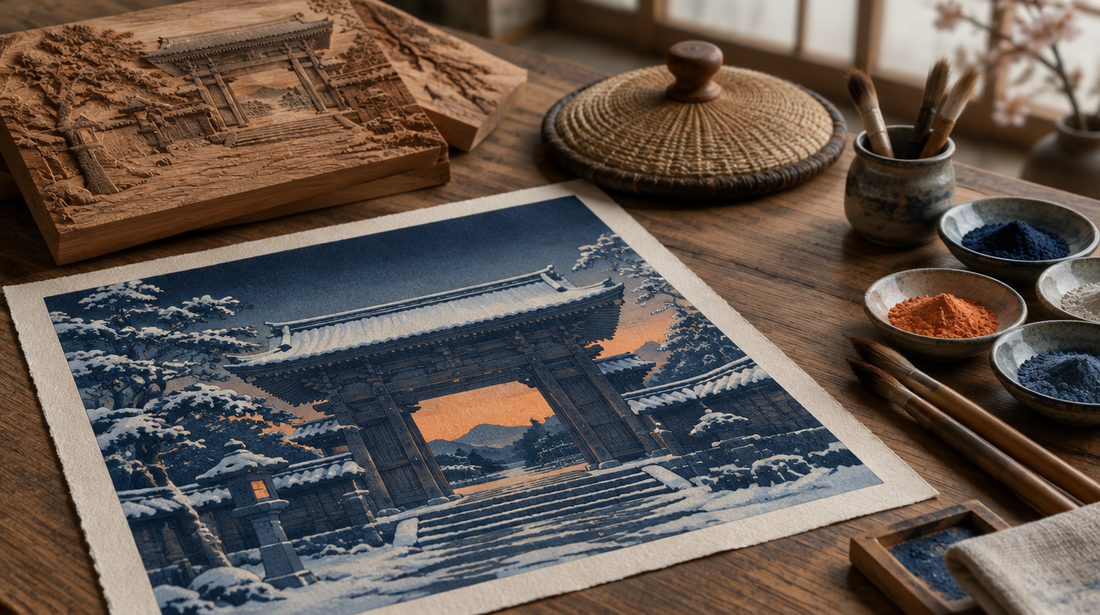 Japanese woodblock print of a snowy temple gate beside carved blocks, a baren and pigment dishes