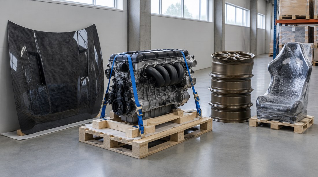 Car engine strapped to an export pallet beside a carbon bonnet, a stack of alloy wheels and a wrapped bucket seat in a warehouse