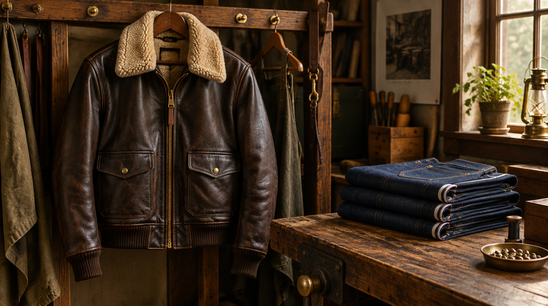 Horsehide leather flight jacket with sheepskin collar on a wooden rack beside folded raw selvedge denim