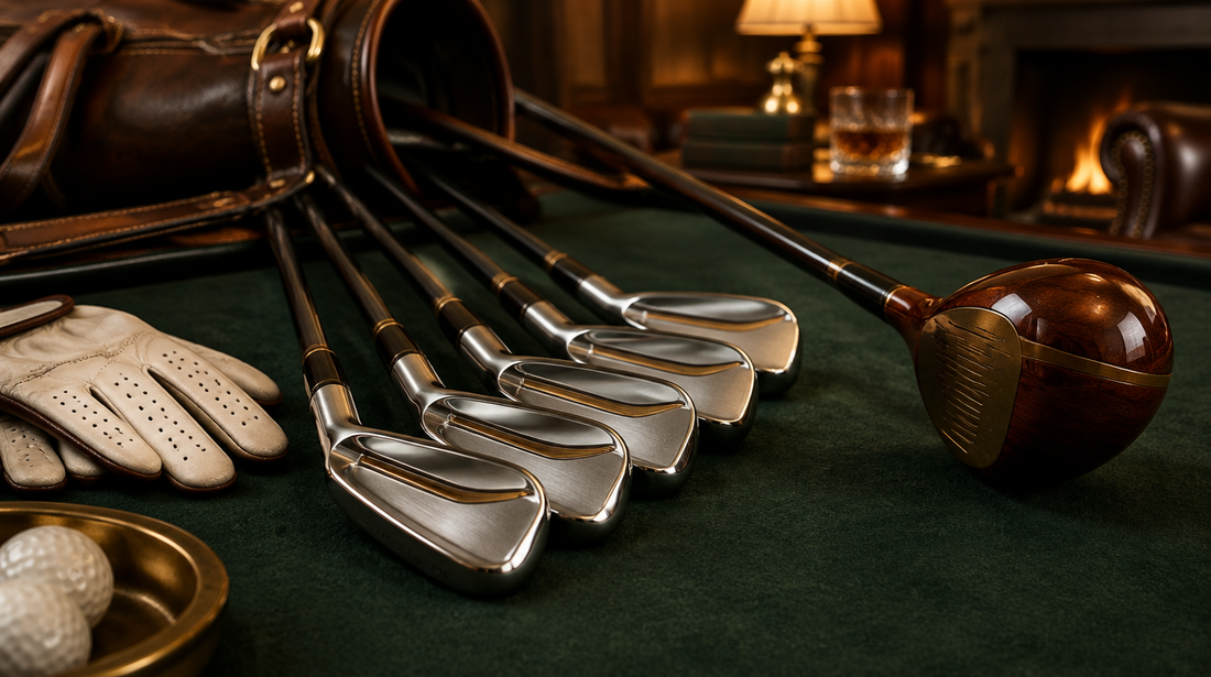 Forged golf irons with gold accents and a wooden driver on green felt beside a leather golf bag and gloves