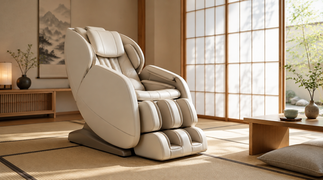 Cream leather massage chair in a calm Japanese room with shoji screens and a low wooden table