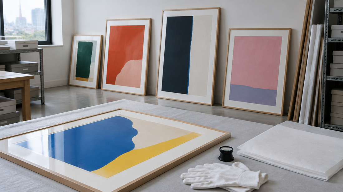 Framed abstract colour prints leaning against a gallery wall with white gloves and a loupe on the table