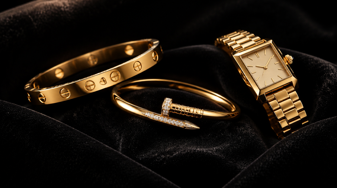 Gold screw-motif bangle, nail-shaped bracelet and rectangular gold wristwatch on black velvet