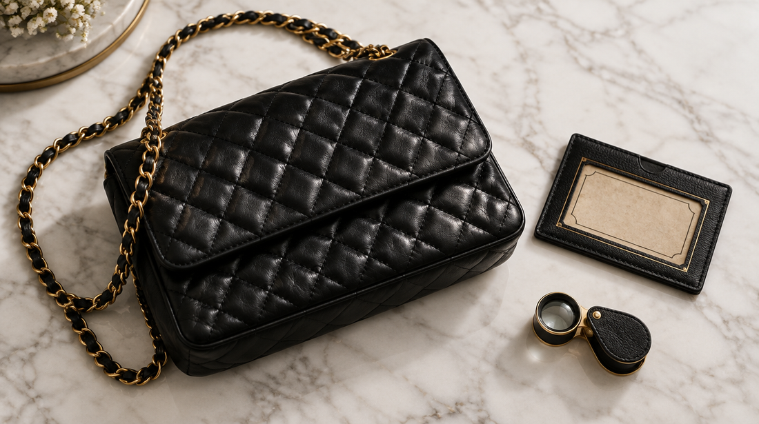 Black quilted lambskin flap bag with gold chain beside a card holder and a jeweller's loupe on marble