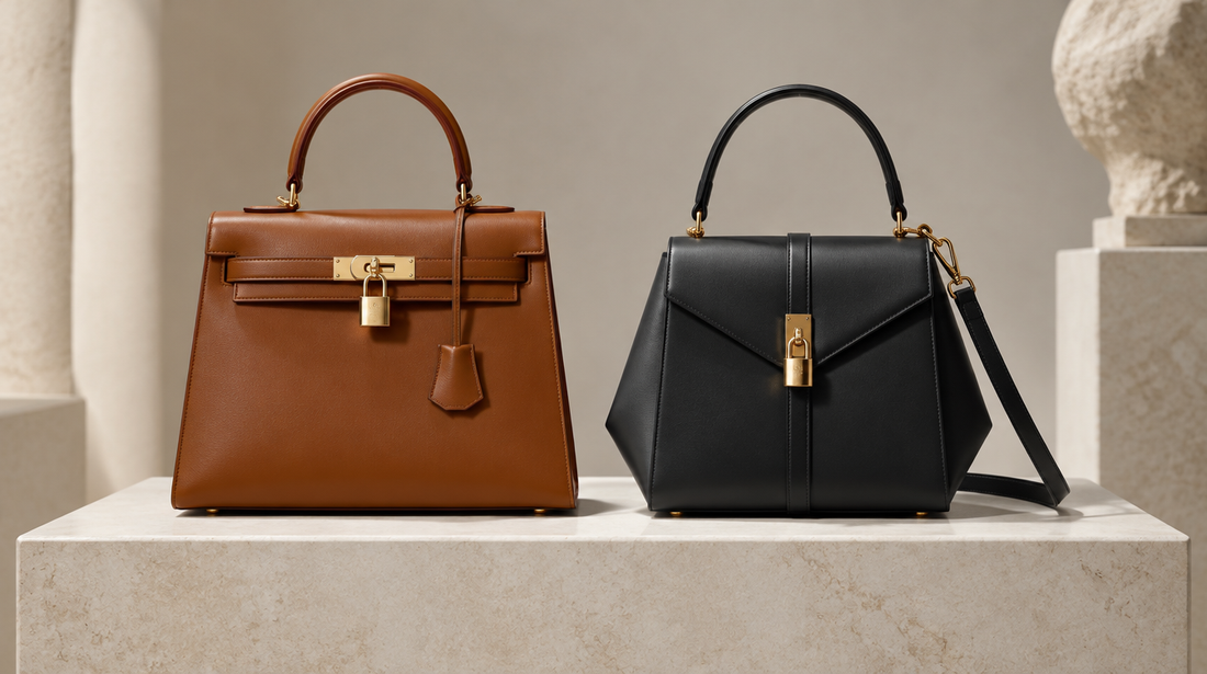 Two structured leather handbags with gold hardware and a padlock on a stone plinth