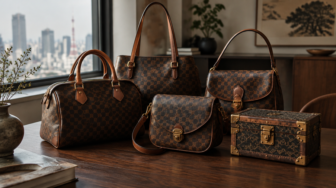 Vintage coated-canvas handbags and a small brass-cornered trunk on a walnut table by a Tokyo window