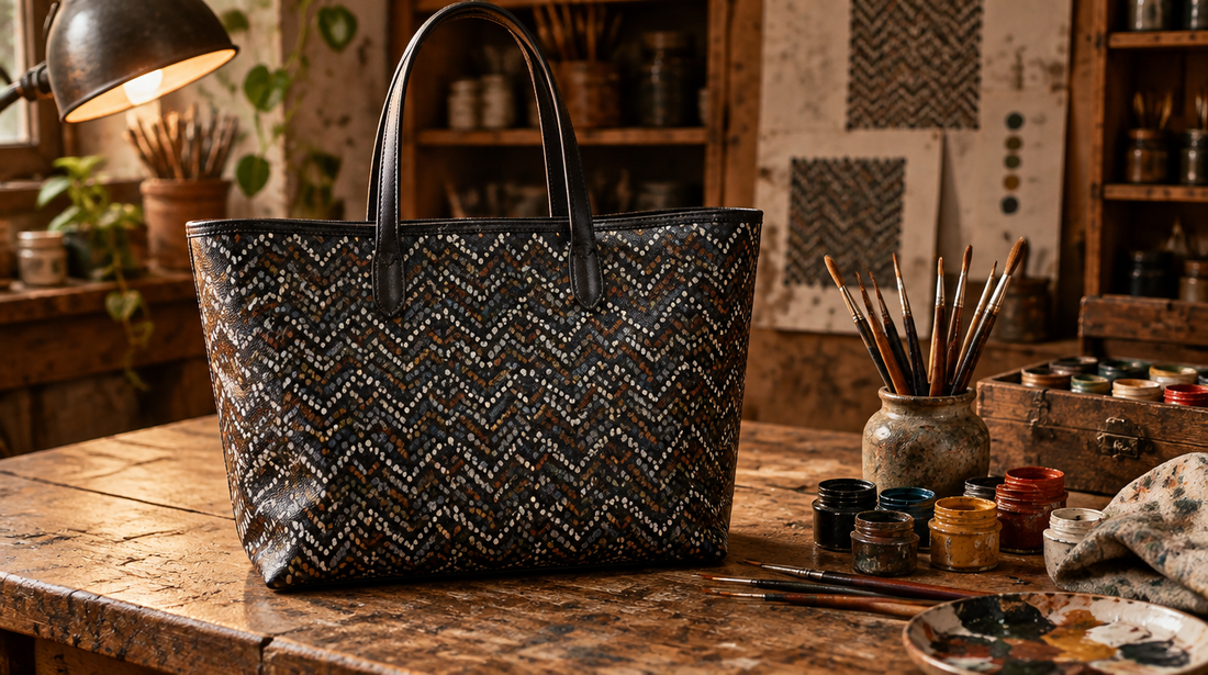 Painted chevron-pattern canvas tote on a craftsman's bench with fine brushes and paint pots