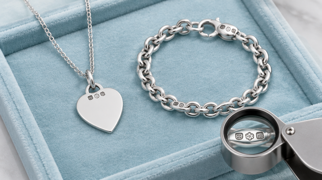 Sterling silver heart tag necklace and chain bracelet under a jeweller's loupe on a pale blue velvet tray