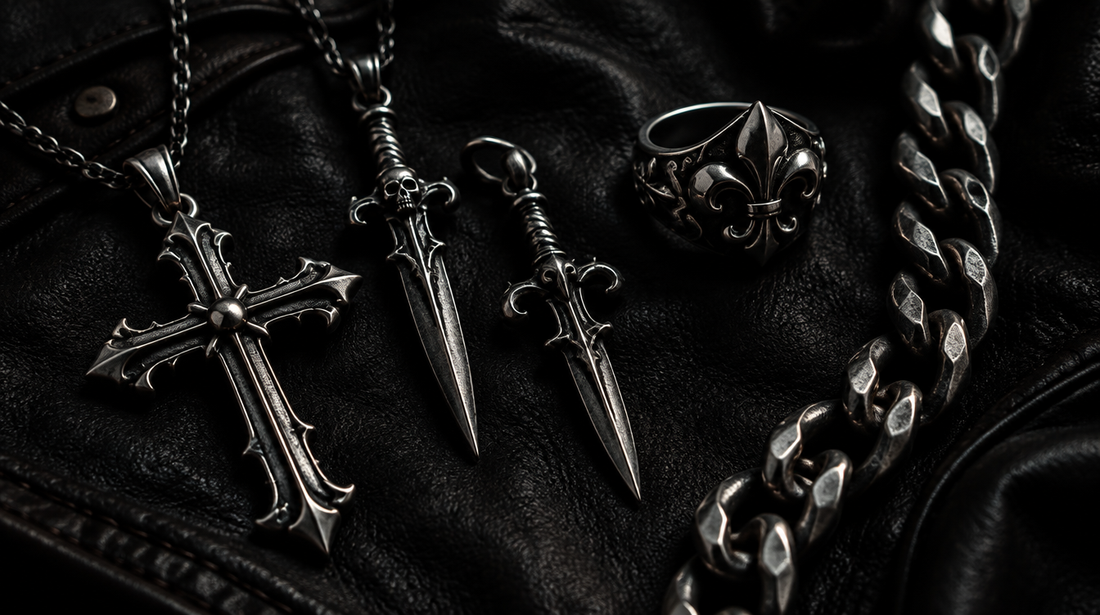 Heavy gothic sterling silver cross pendants, dagger charms and chain on dark leather