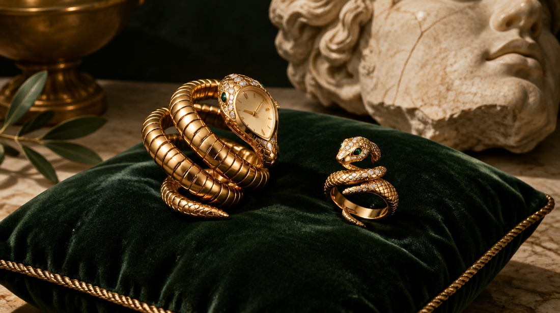 Coiled snake-shaped gold watch bracelet and spiral ring on dark green velvet with a marble fragment