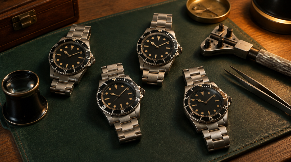 Vintage steel sports wristwatches on a watchmaker's green mat with a loupe and case opener