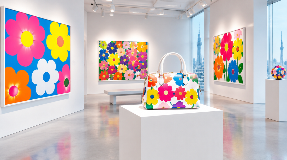 Tokyo gallery with colourful pop flower prints and a white handbag with a bright multicolour pattern on a plinth