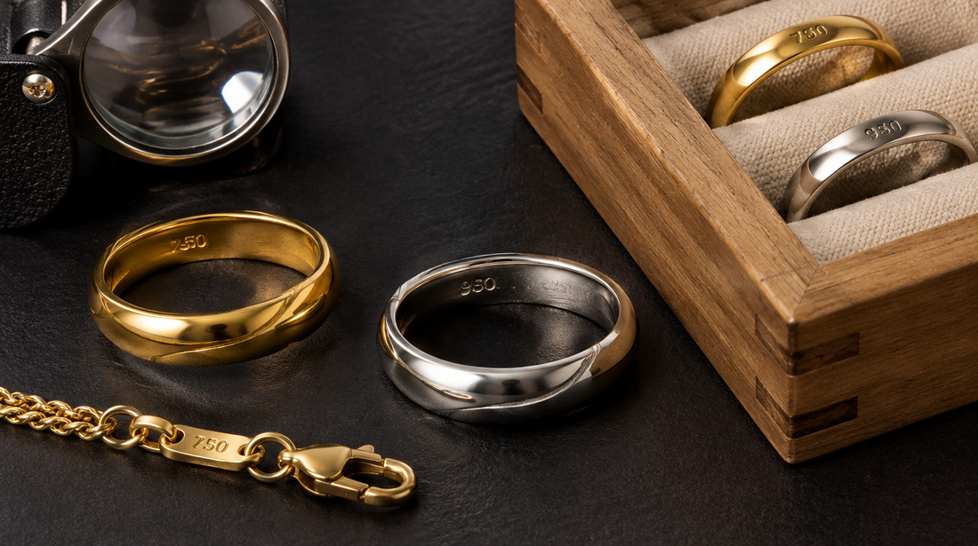 Gold and platinum rings showing stamped purity marks beside a loupe and a wooden ring tray