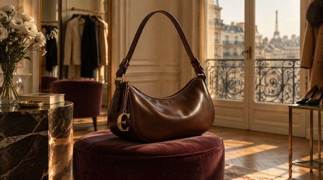 Curved leather shoulder bag with a dangling metal charm on a velvet stool in a Paris boutique