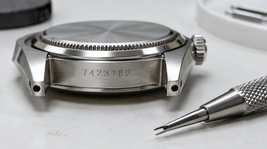 Engraved serial number between the lugs of a steel watch case beside a spring bar tool