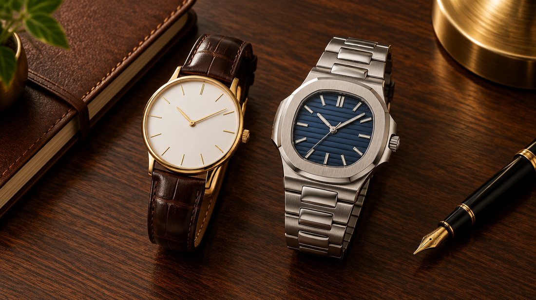 Slim gold dress watch and blue embossed-dial steel sports watch on a dark wood desk with notebook and pen