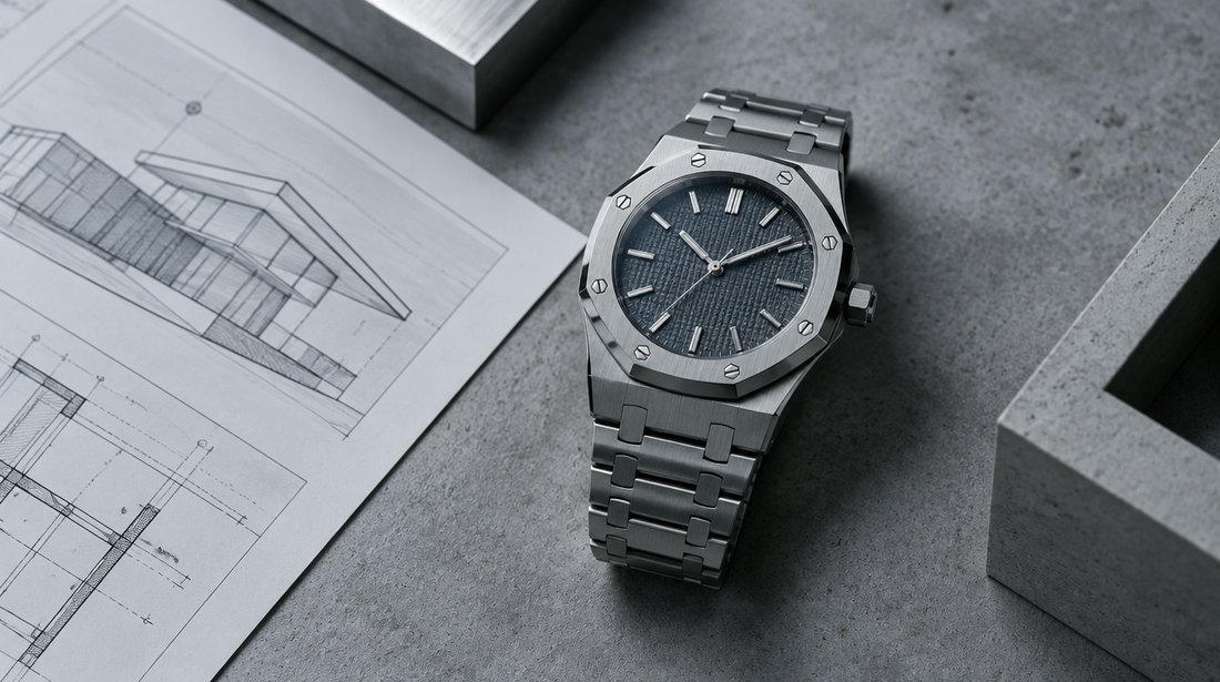 Steel sports watch with octagonal screwed bezel and integrated bracelet on concrete beside architectural drawings