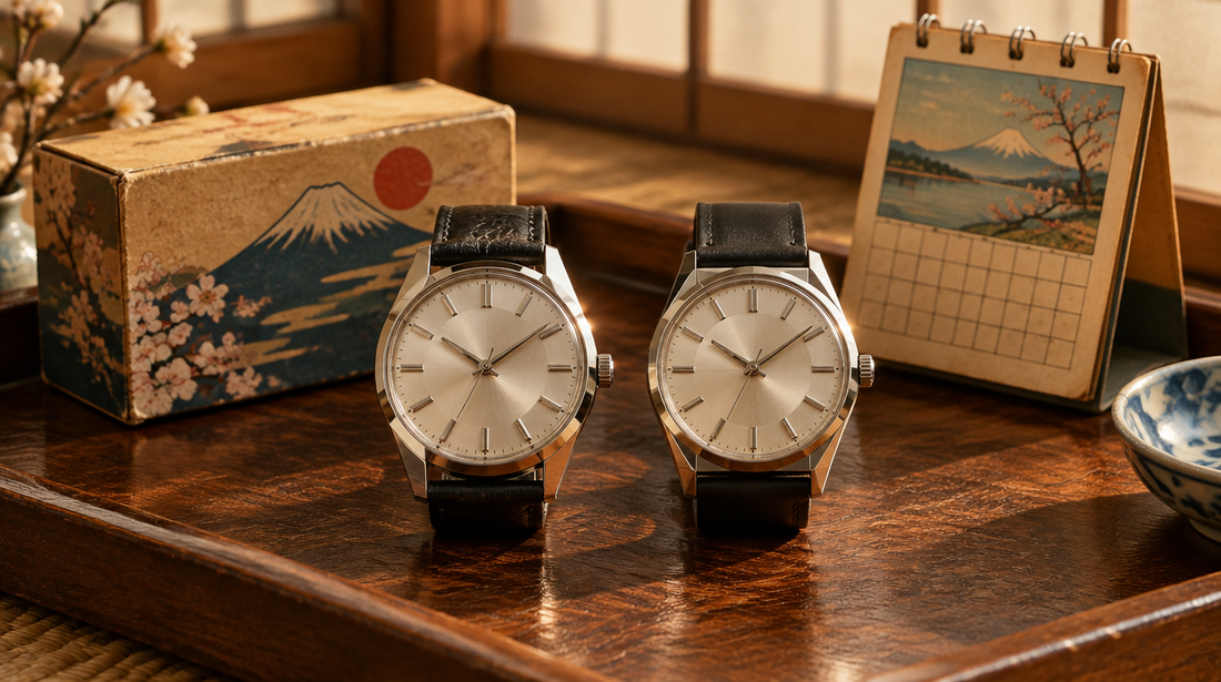 Two 1960s Japanese wristwatches with faceted steel cases on a Showa-era wooden tray