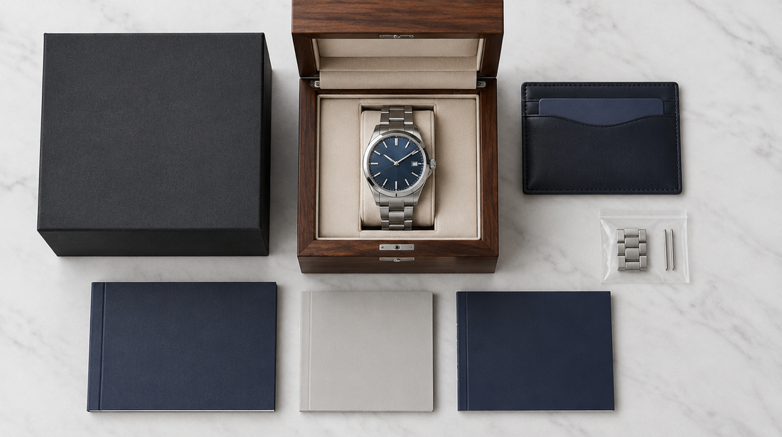Complete watch set with fitted box, outer box, warranty card wallet, booklets and spare links